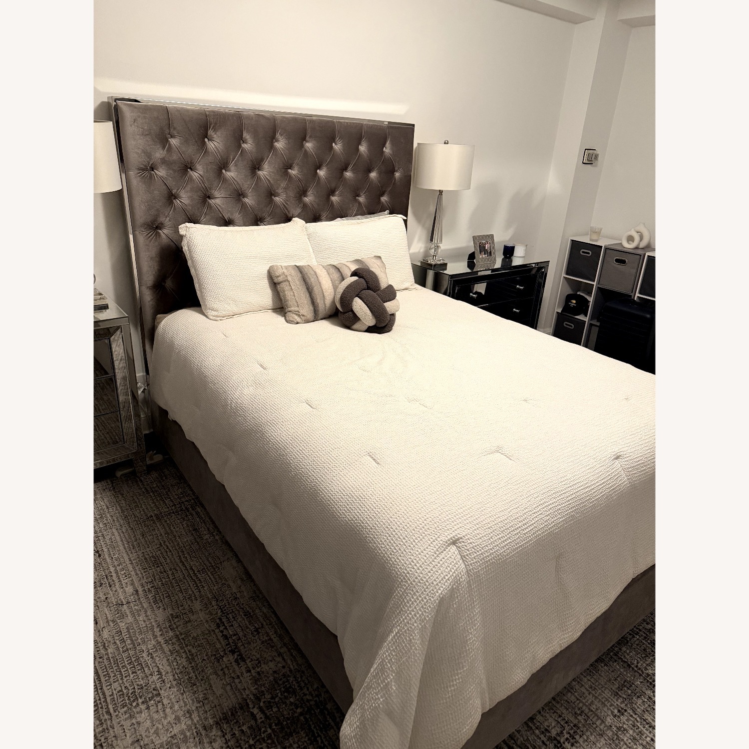 Dark Gray Suede Queen Bed - image-2