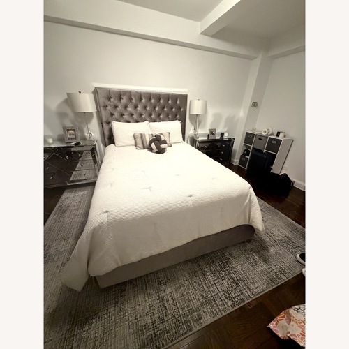 Used Dark Gray Suede Queen Bed for sale on AptDeco
