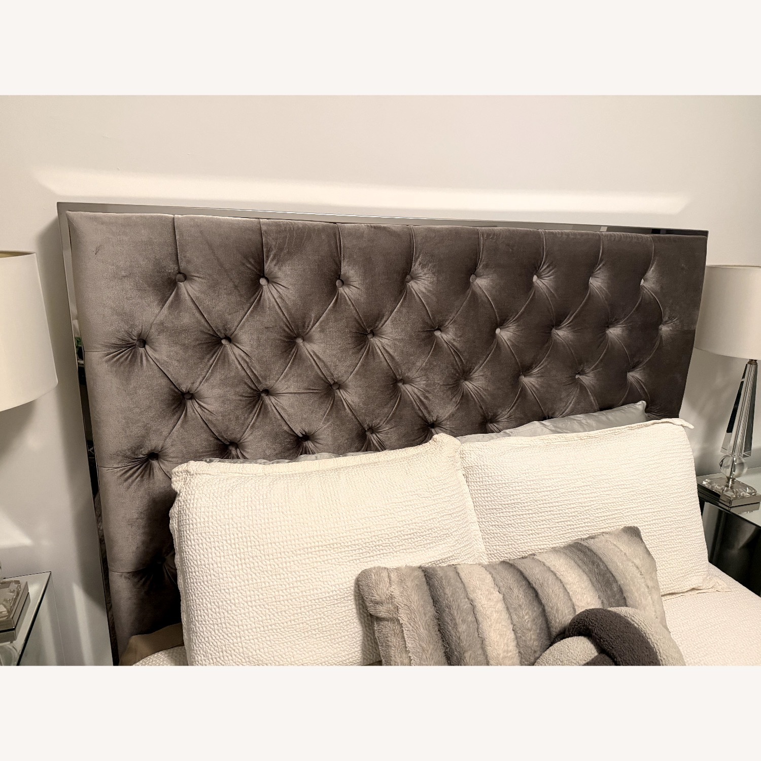 Dark Gray Suede Queen Bed - image-3