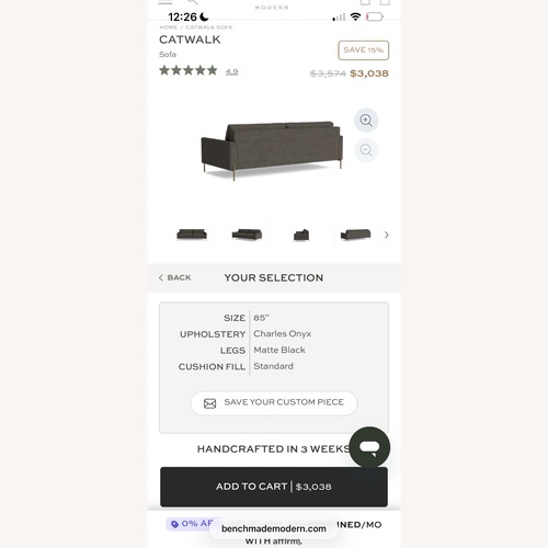 Used Bench made Modern Catwalk Gray Sofa  for sale on AptDeco