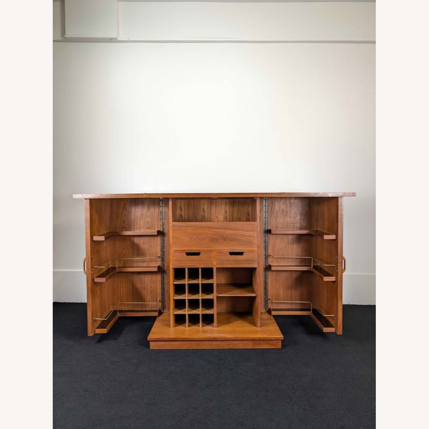 Vintage MCM Expanding Teak Starburst Bar Cabinet - image-6