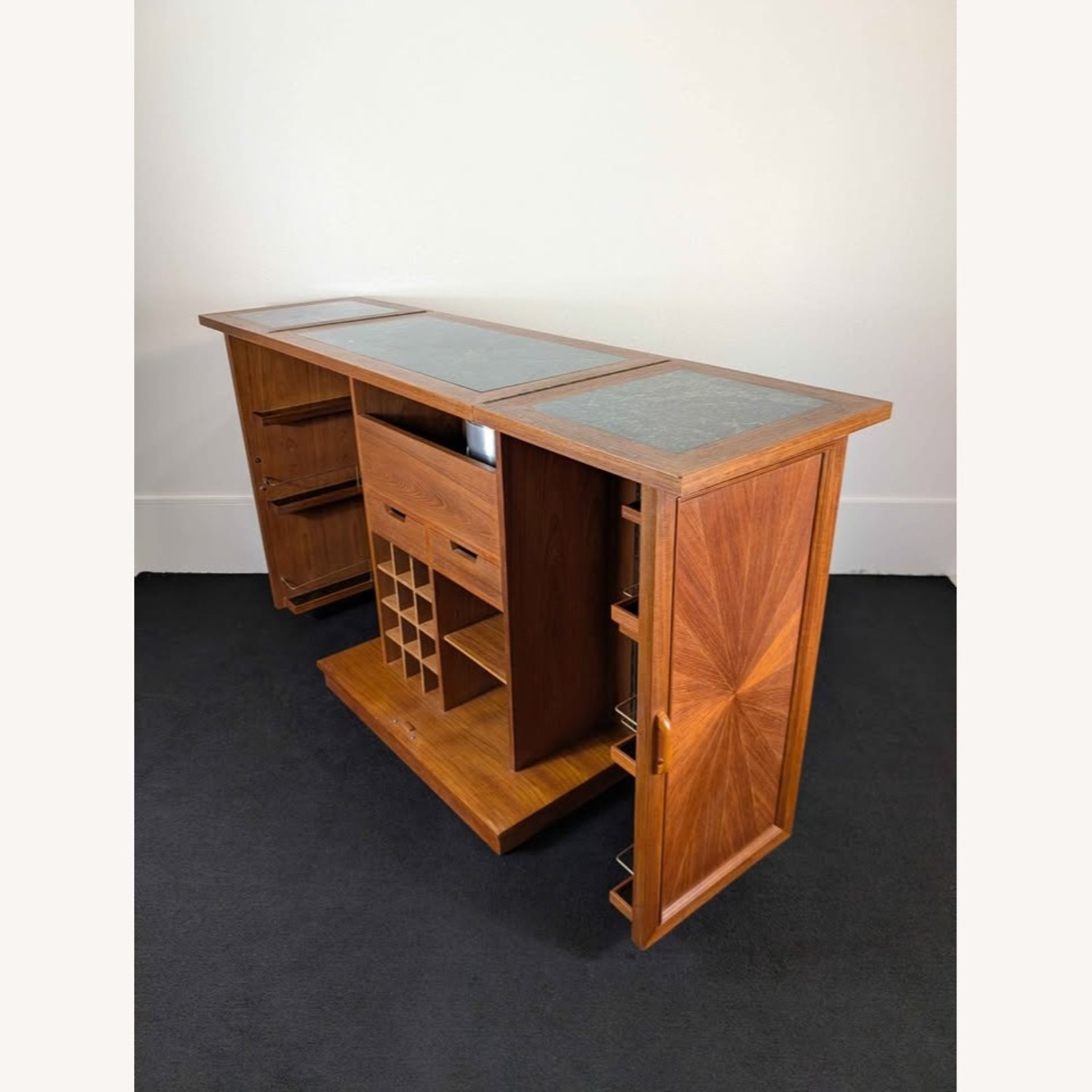 Vintage MCM Expanding Teak Starburst Bar Cabinet - image-5