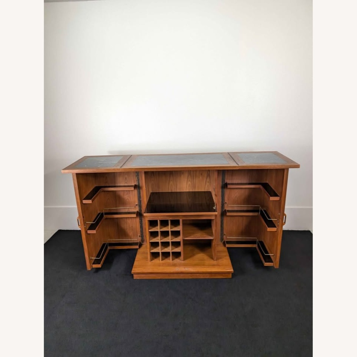 Vintage MCM Expanding Teak Starburst Bar Cabinet - image-7