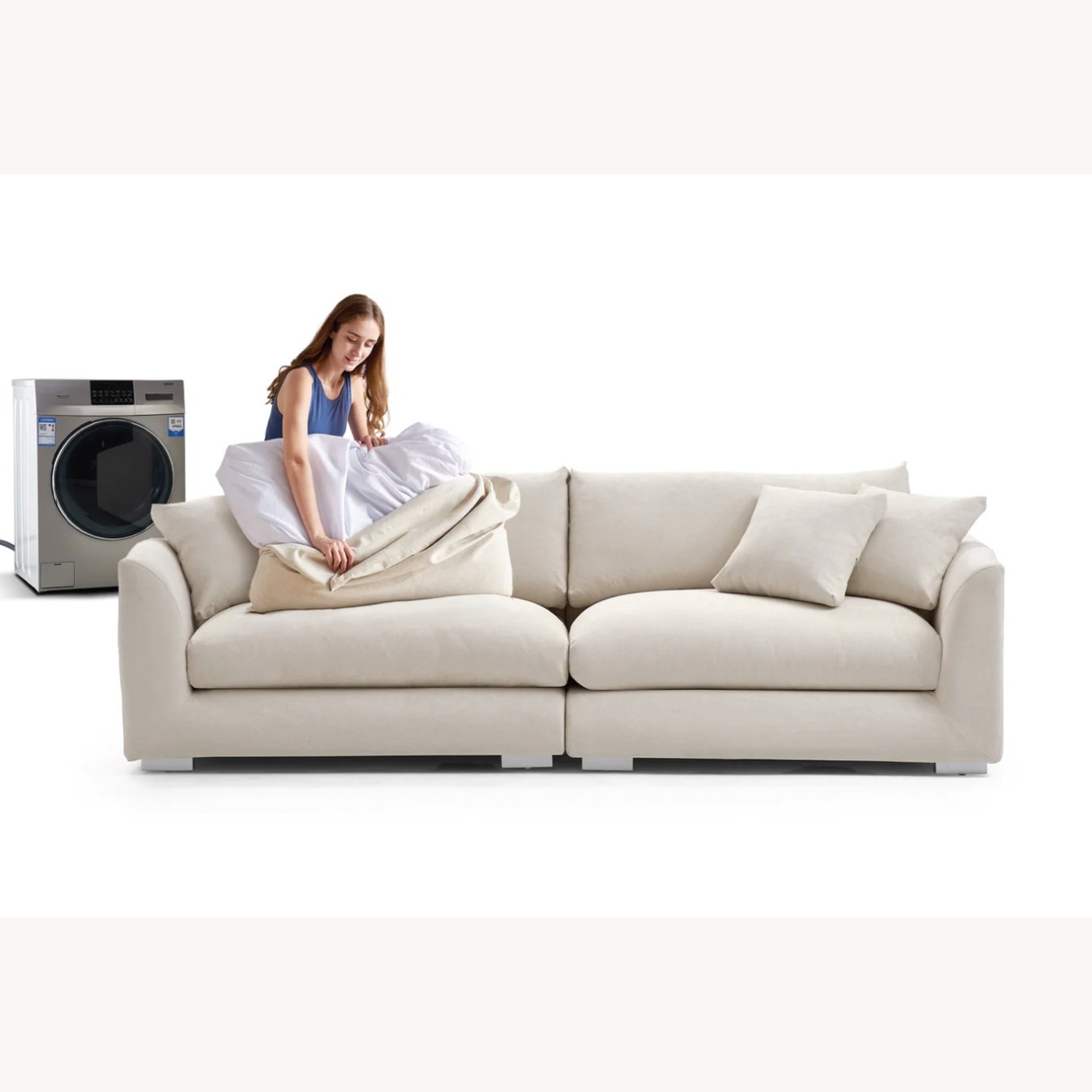 Valyou Beige Fabric 2 Piece Sectional with Ottoman - image-3