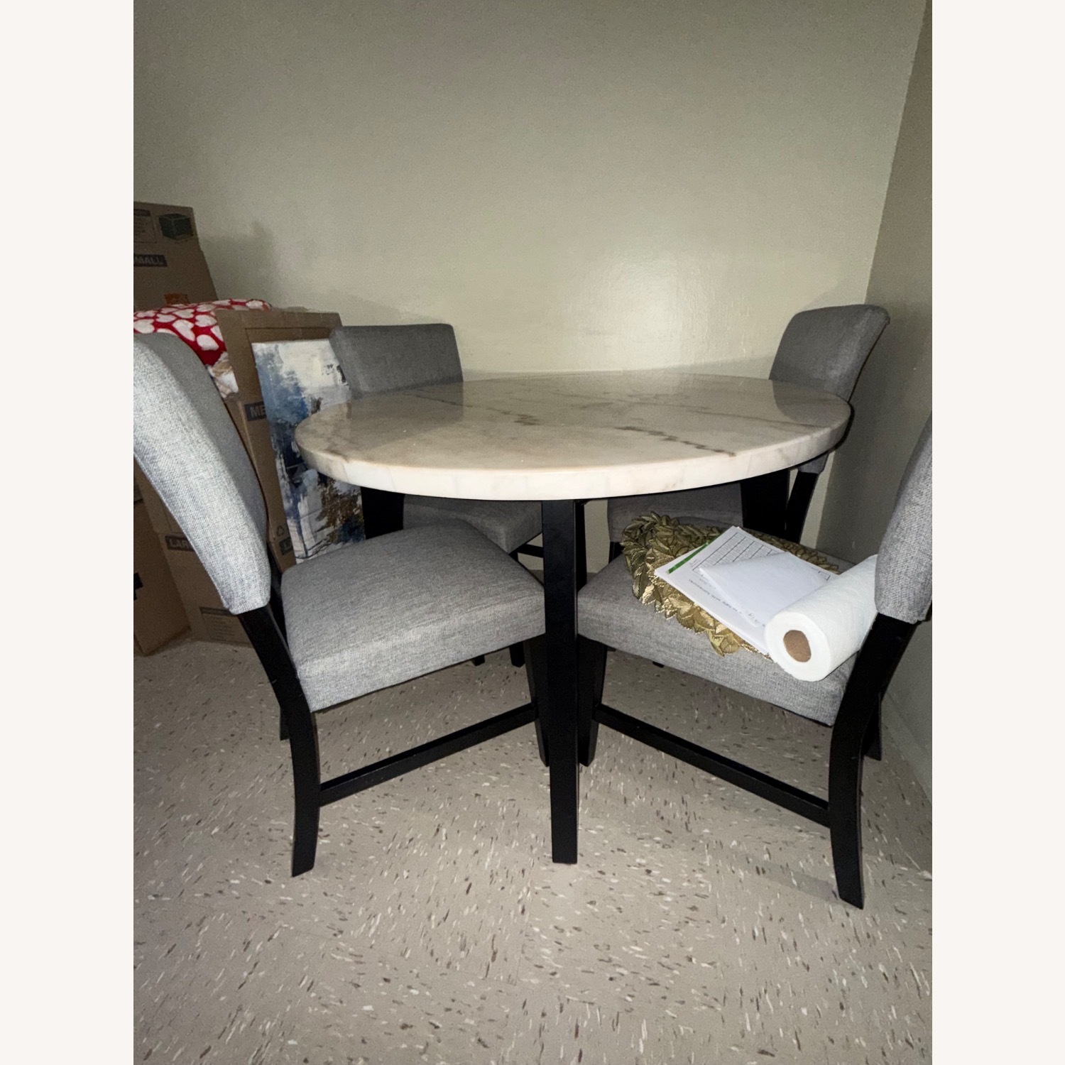 Elm 5 Piece Espresso, Marble & Light Gray Upholstered Round Dining Set - image-5