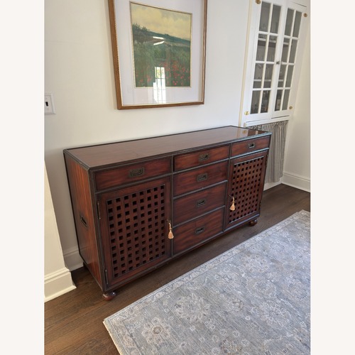 Used Theodore Alexander Campaign Dark Brown Wood Sideboard for sale on AptDeco