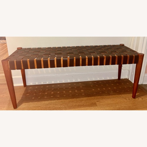 Used Safavieh Dark Cognac Leather Weave Bench for sale on AptDeco