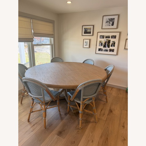 Used Serena & Lily Round Dining Set With Blue Chairs  for sale on AptDeco