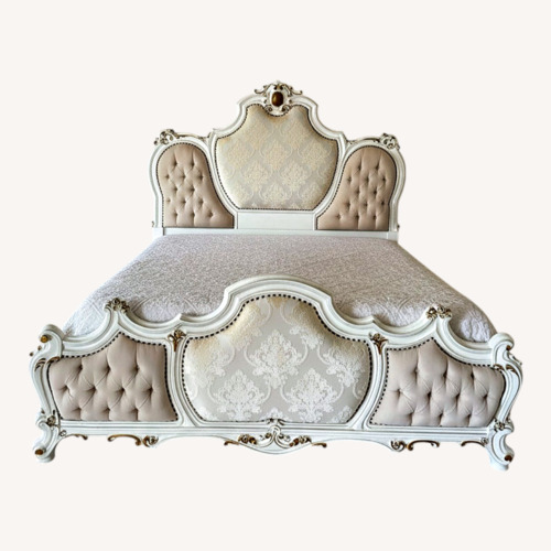 Used Upholstered Cal King Bed Antique Pearl Bed for sale on AptDeco