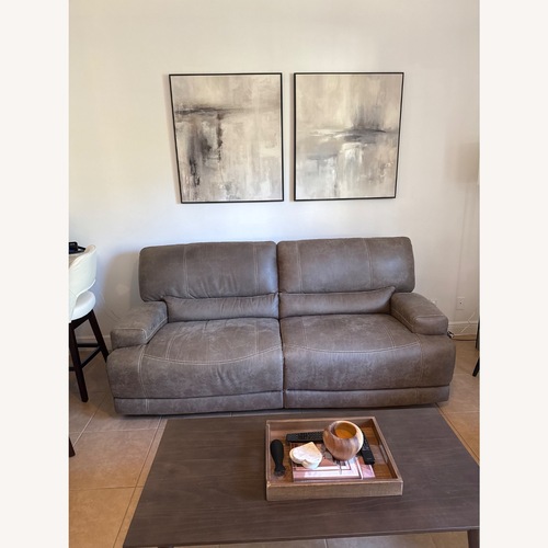 Used Cindy Crawford Home Auburn Hills Mushroom Leather Power Reclining Sofa for sale on AptDeco