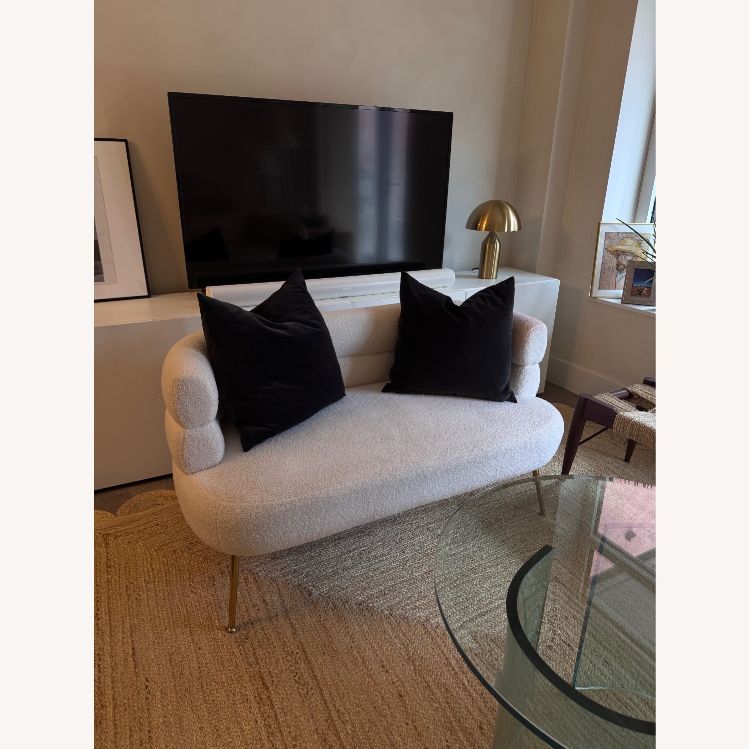 Modern Cream Bouclé Loveseat with Brass Legs - image-4