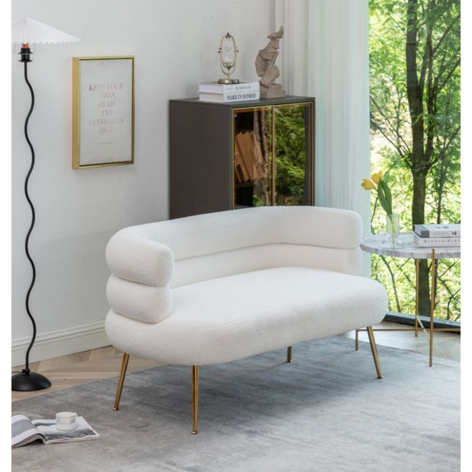 Modern Cream Bouclé Loveseat with Brass Legs - image-5