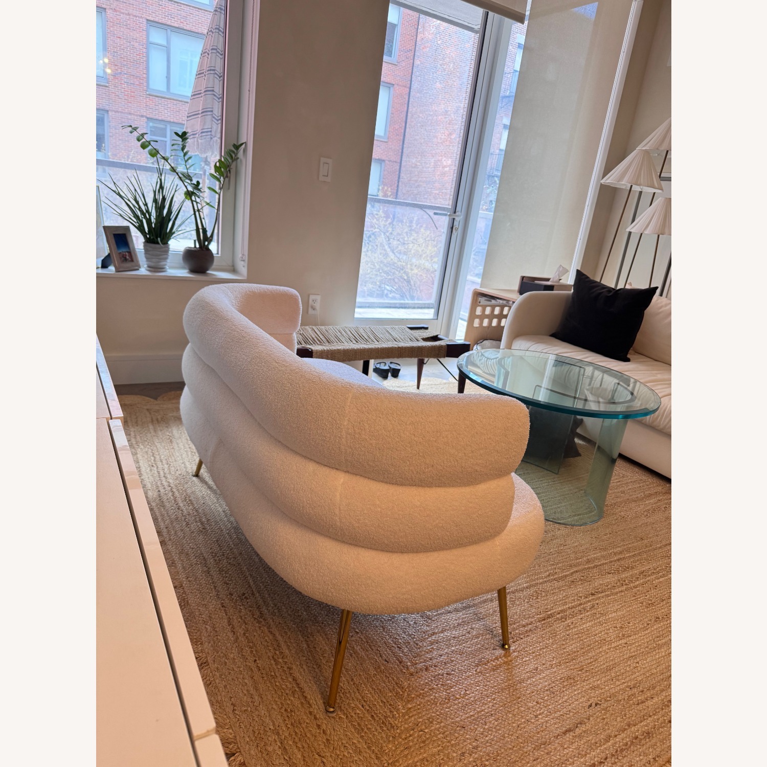 Modern Cream Bouclé Loveseat with Brass Legs - image-2