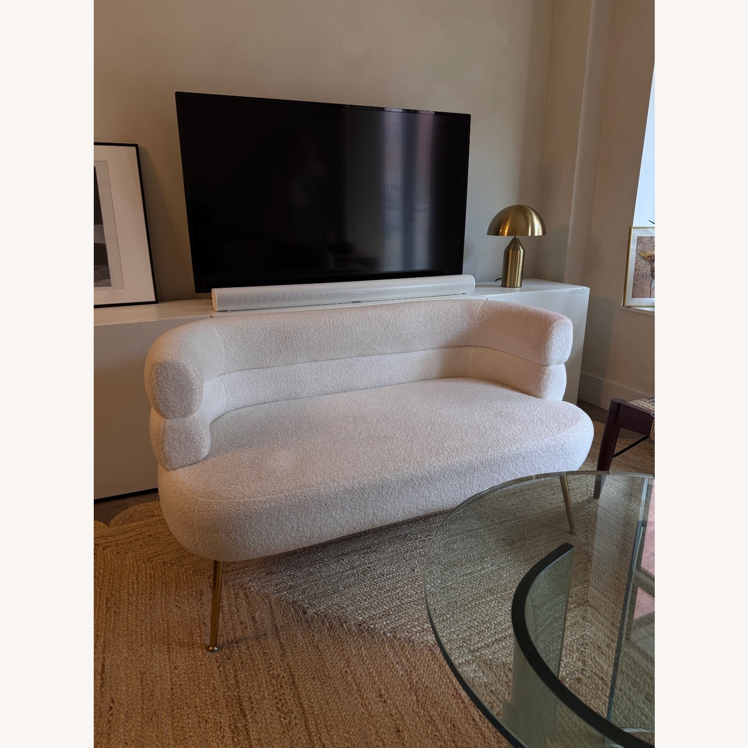 Modern Cream Bouclé Loveseat with Brass Legs - image-1