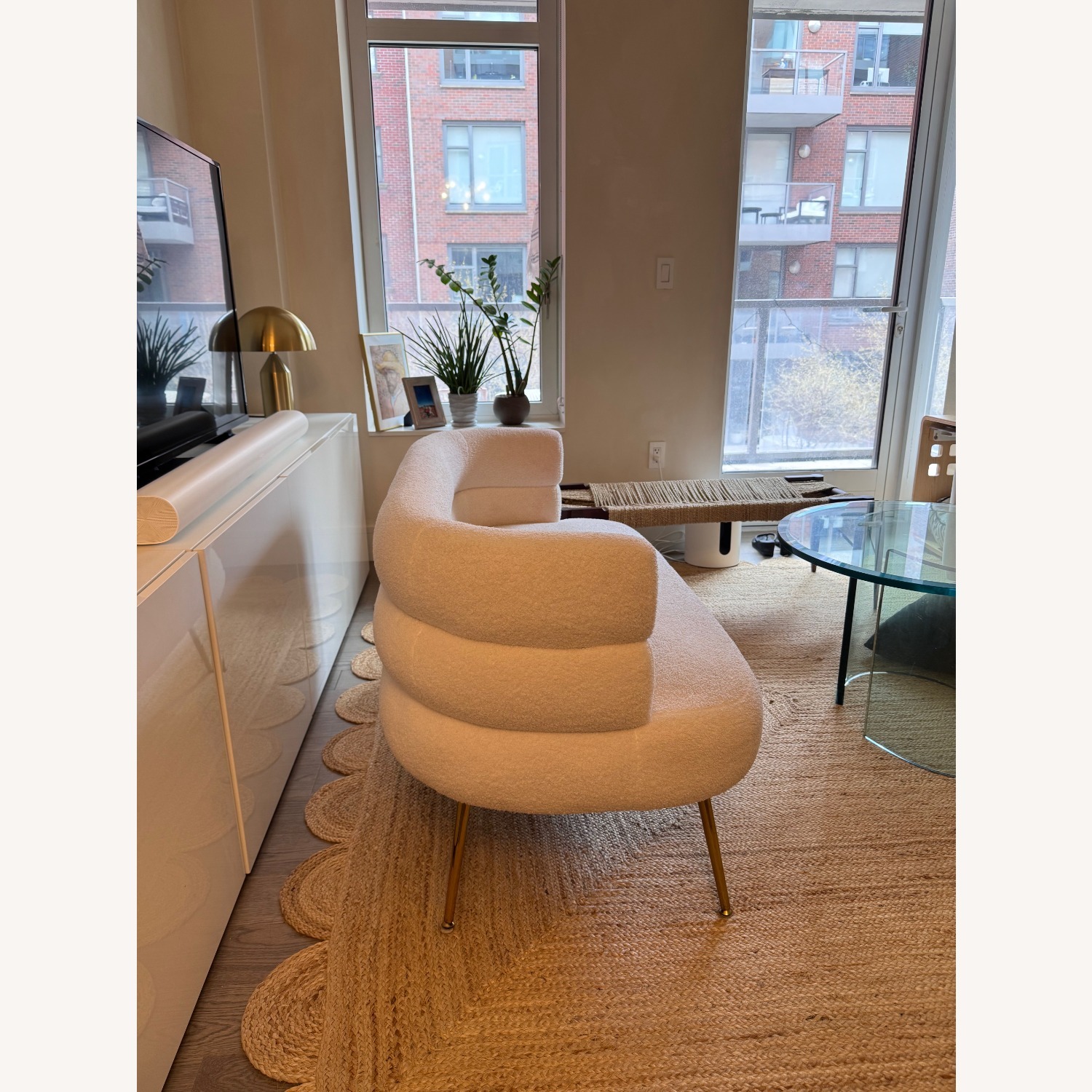 Modern Cream Bouclé Loveseat with Brass Legs - image-3