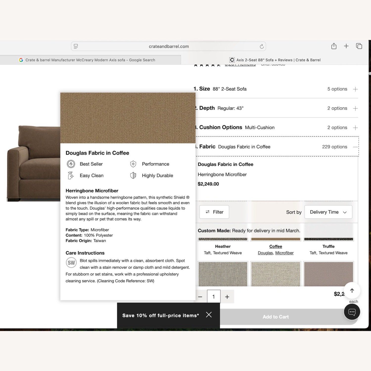 Crate & Barrel Brown Axis Sofa 88" - image-3