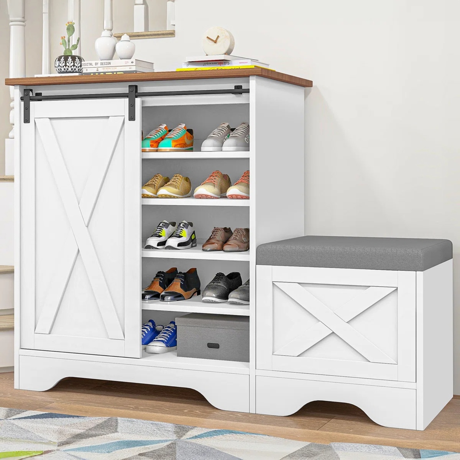 Wayfair 5-Tier Farmhouse Shoe Cabinet with Sliding Door & Shoe Bench - image-5
