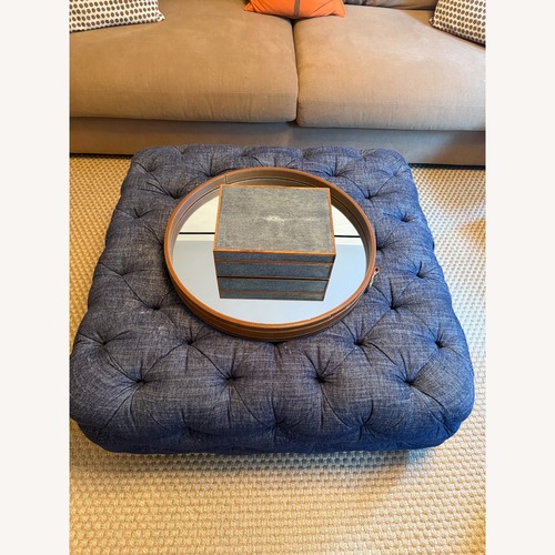 Used Arhaus Elsa Square Tufted Ottoman – Denim Linen for sale on AptDeco