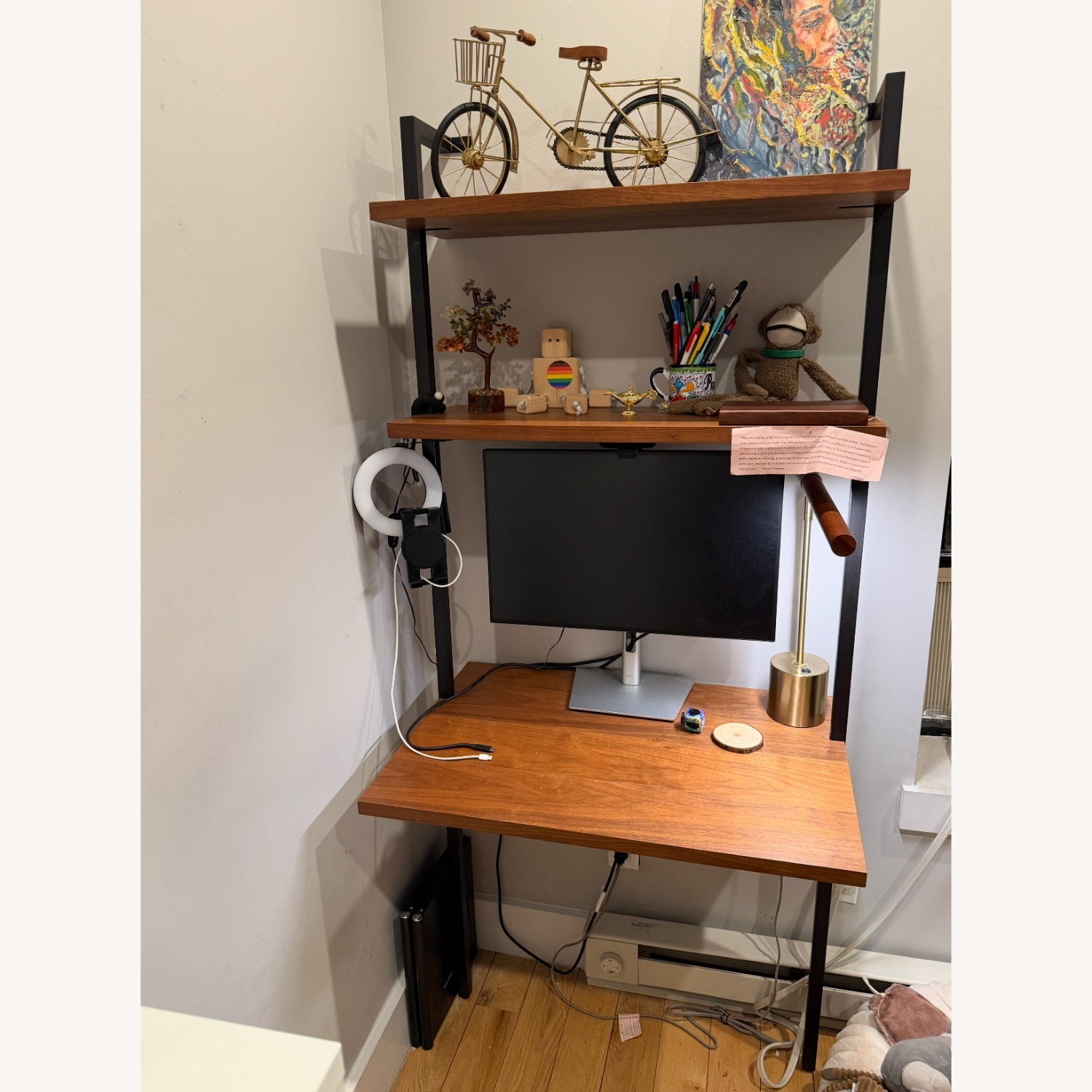 CB2 Helix Walnut Wood Wall Mount Desk with Shelves 70' - image-1