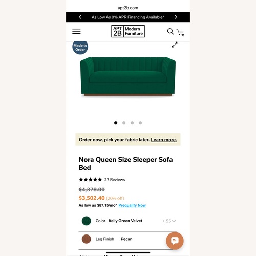 Used Apt2b Nora Green Velvet Sleeper Sofa for sale on AptDeco