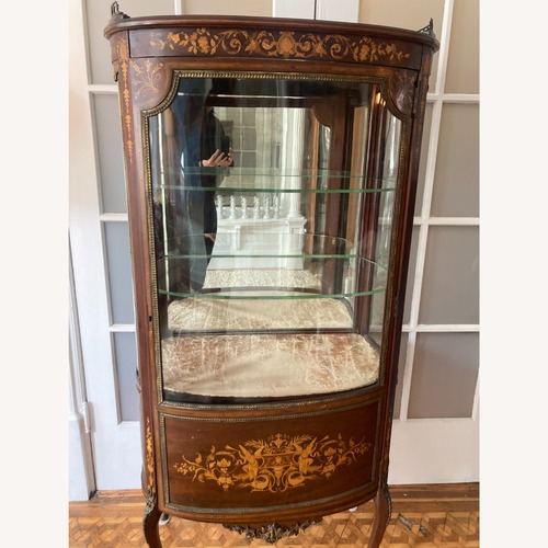 Used Antique French Style Inlaid Curved Glass Vitrine  for sale on AptDeco