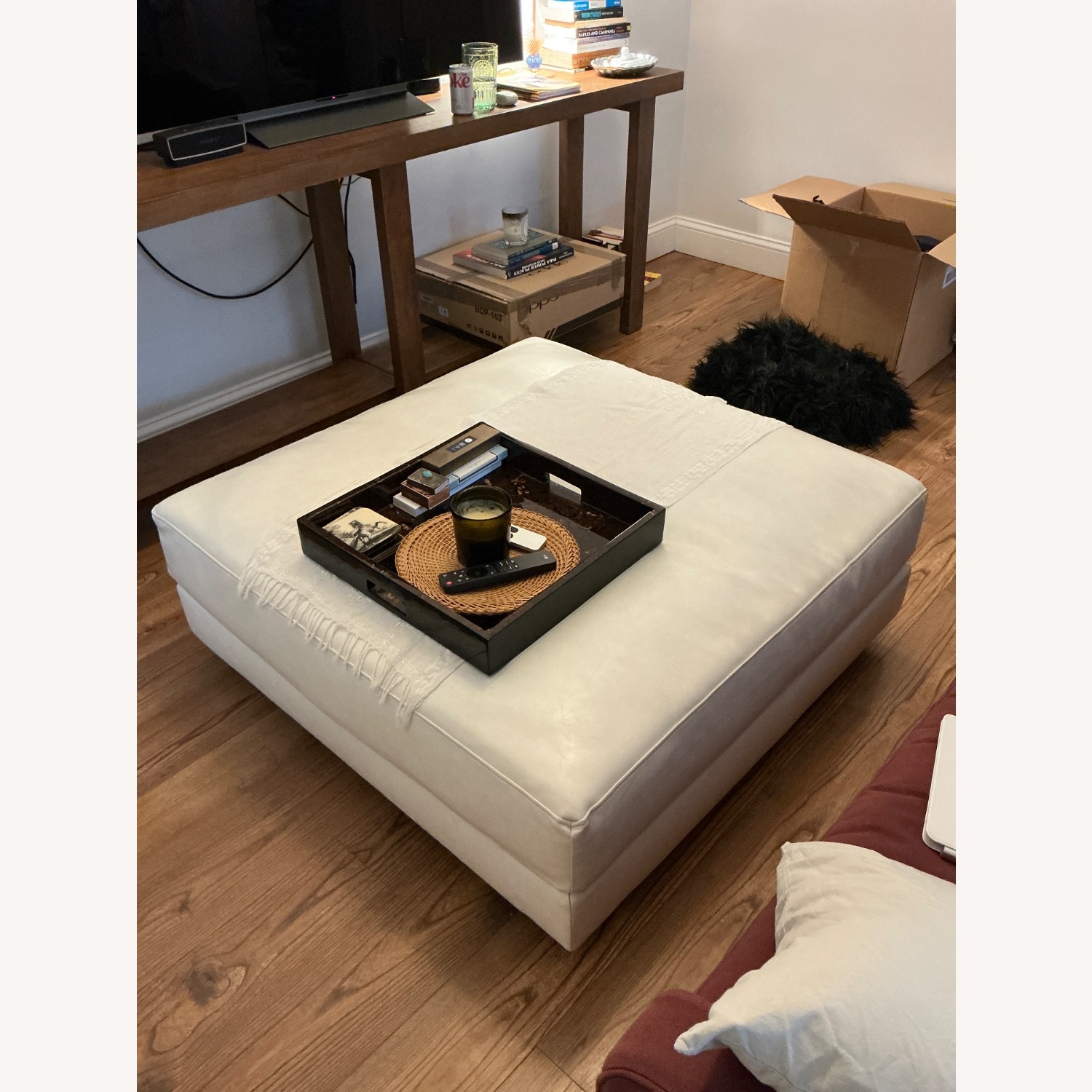 West Elm White Faux Leather Ottoman - image-3