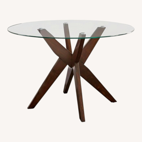 Used Macy’s Round Glass Dining Table + 5 Chairs for sale on AptDeco