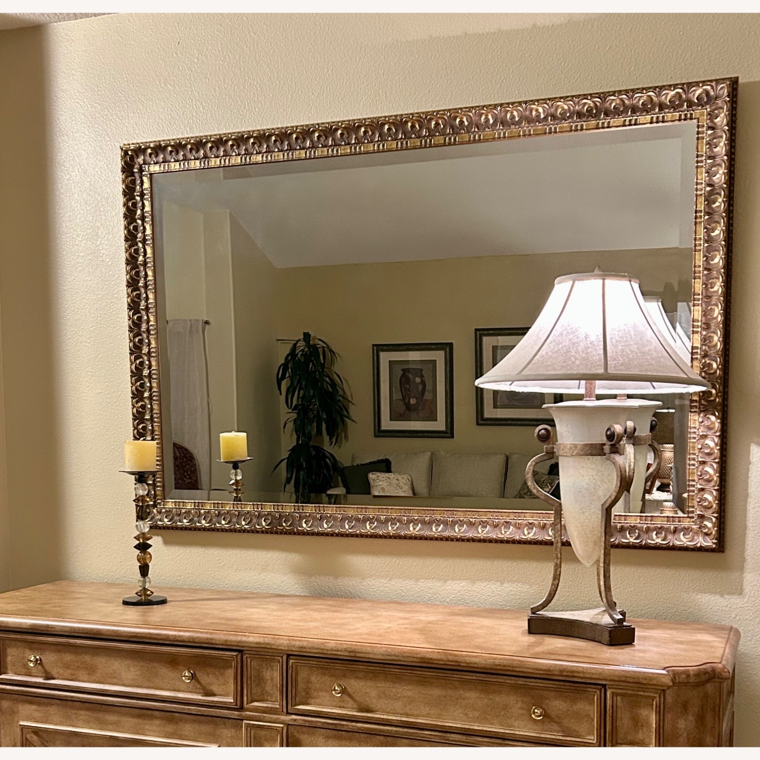 Beveled Wall Mirror with Carved Wood Frame - image-1