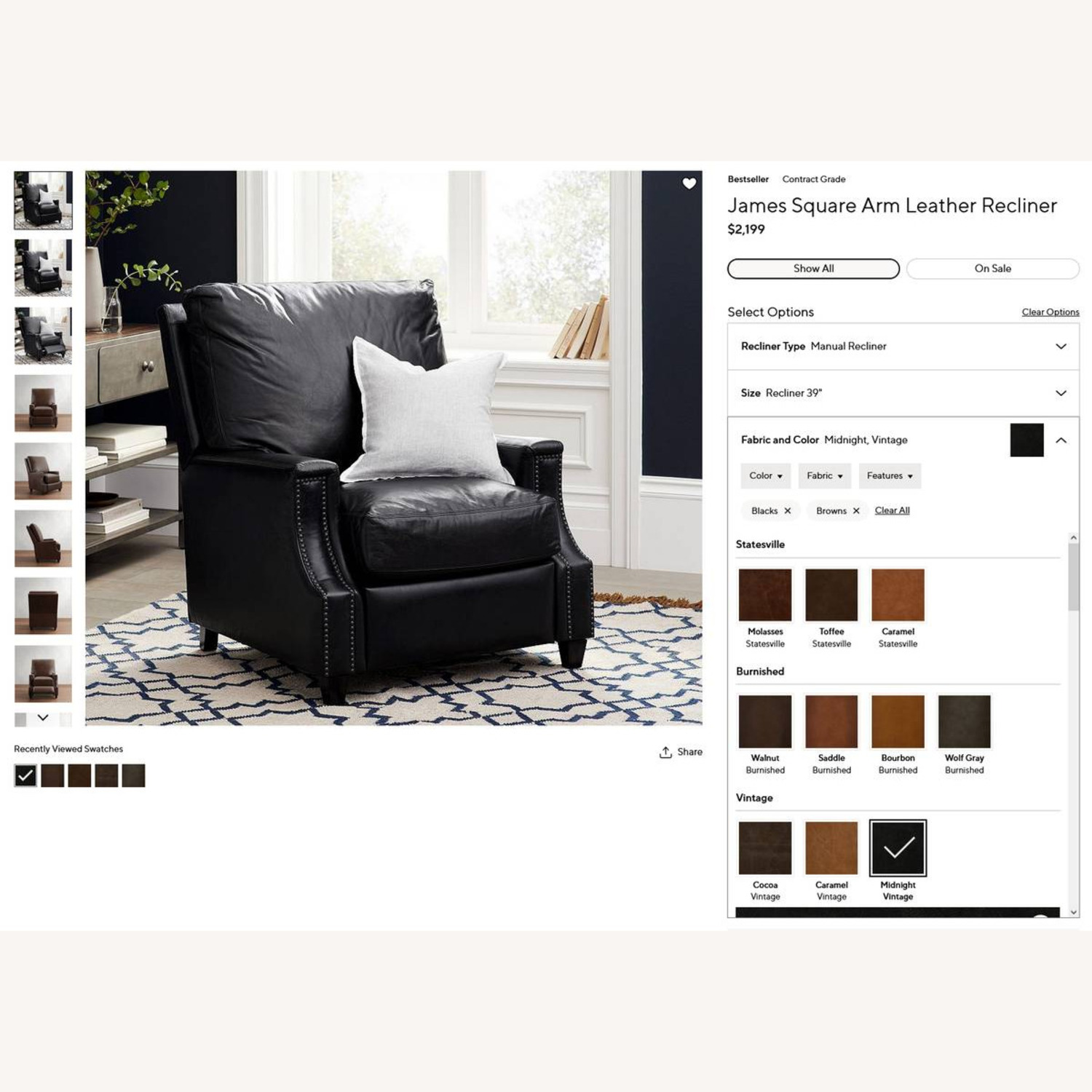 Pottery Barn James Black Leather Recliner - image-10