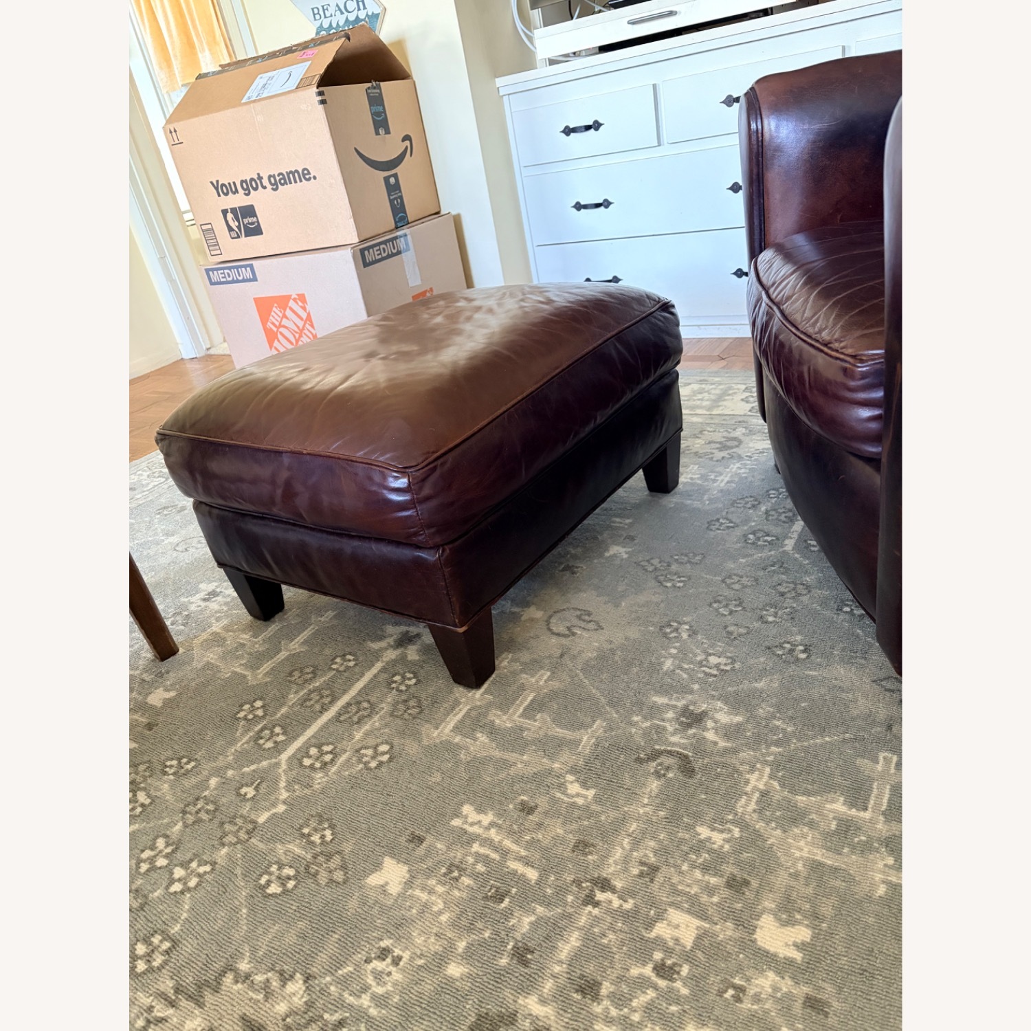 Crate & Barrel Eiffel Dark Brown Leather Ottoman - image-3