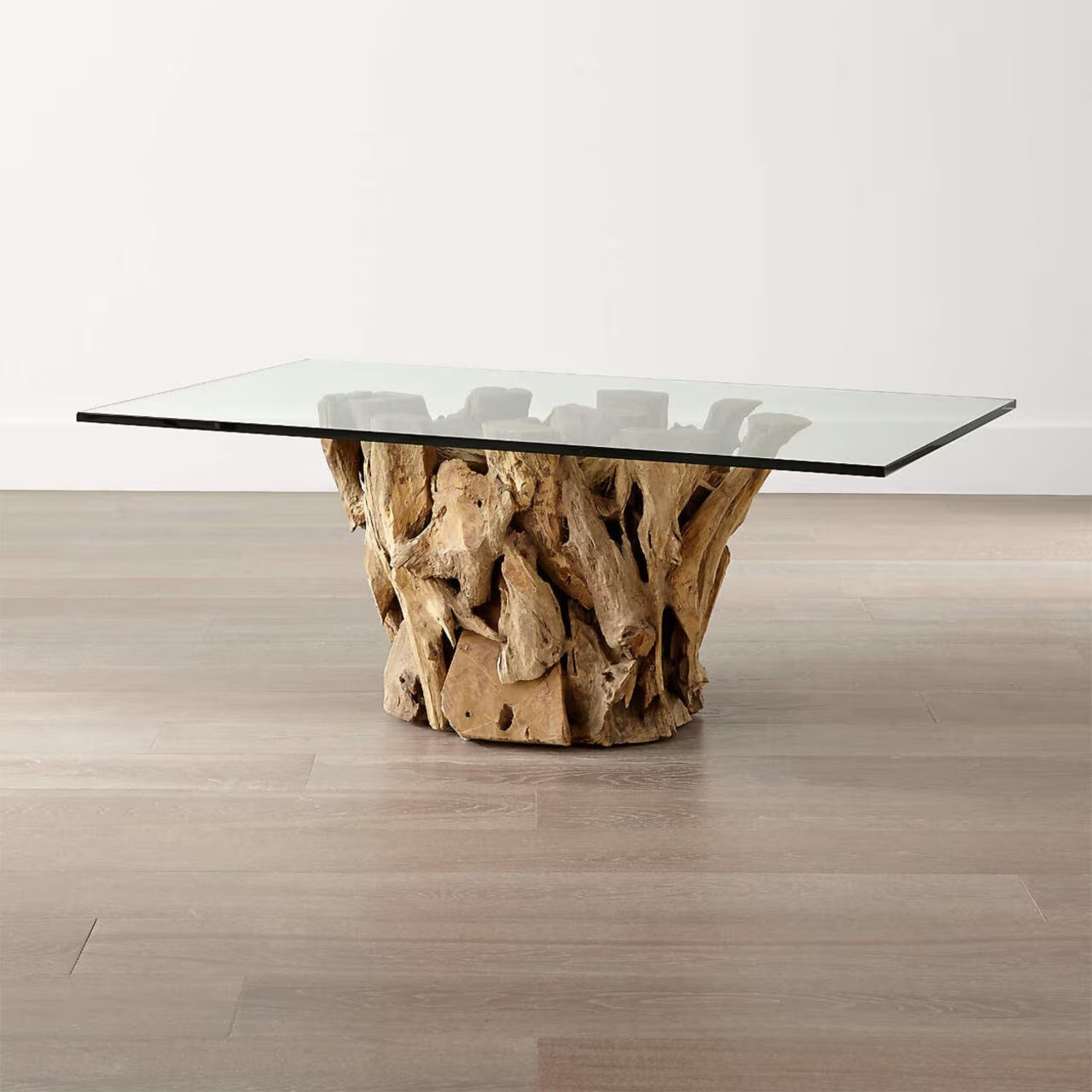 Crate & Barrel Driftwood Natural Glass Coffee Table - image-1