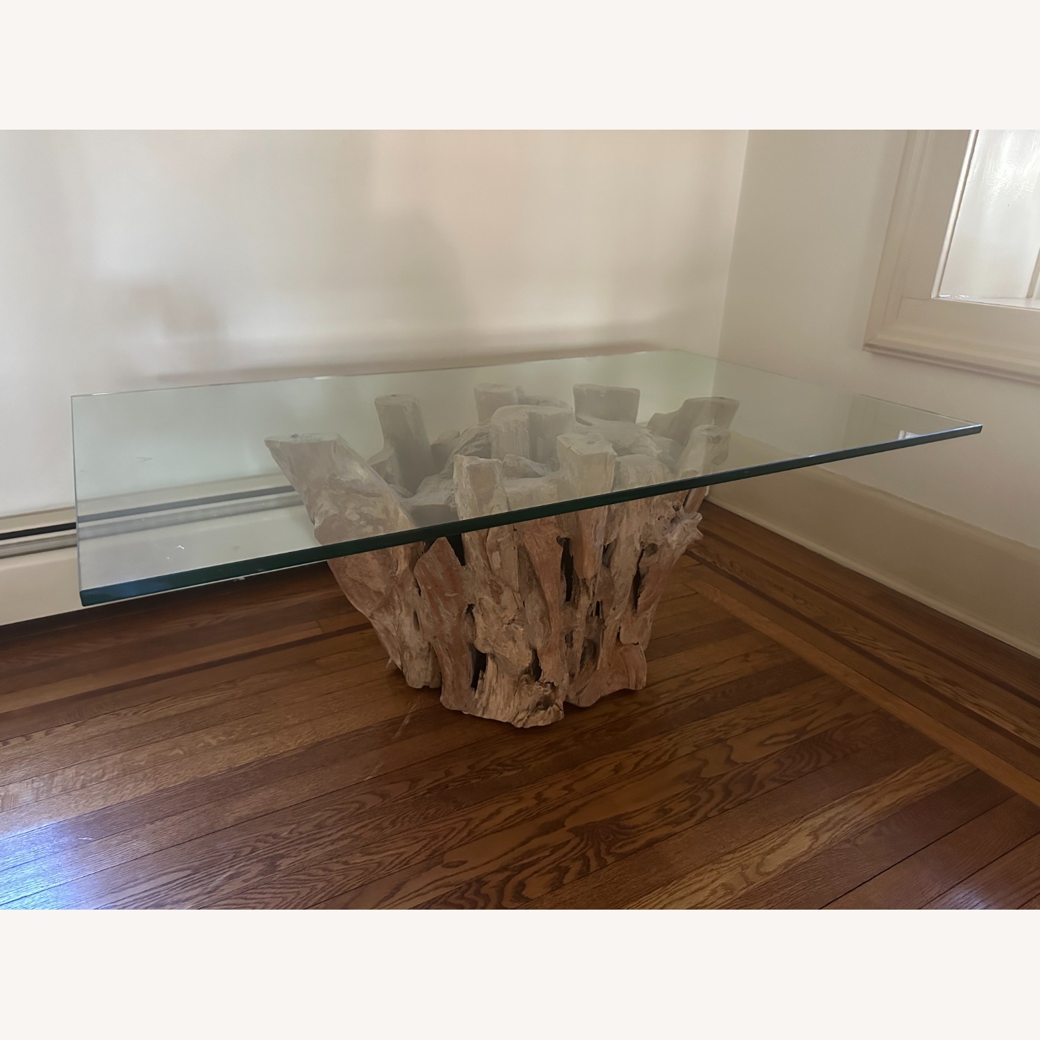 Crate & Barrel Driftwood Natural Glass Coffee Table - image-3