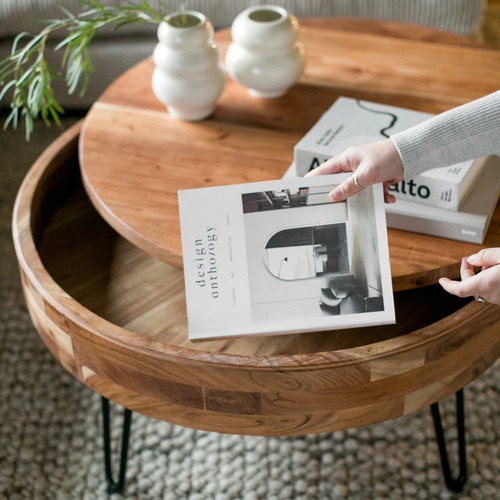 Used Caleb Acacia Wood Coffee Table with Storage for sale on AptDeco