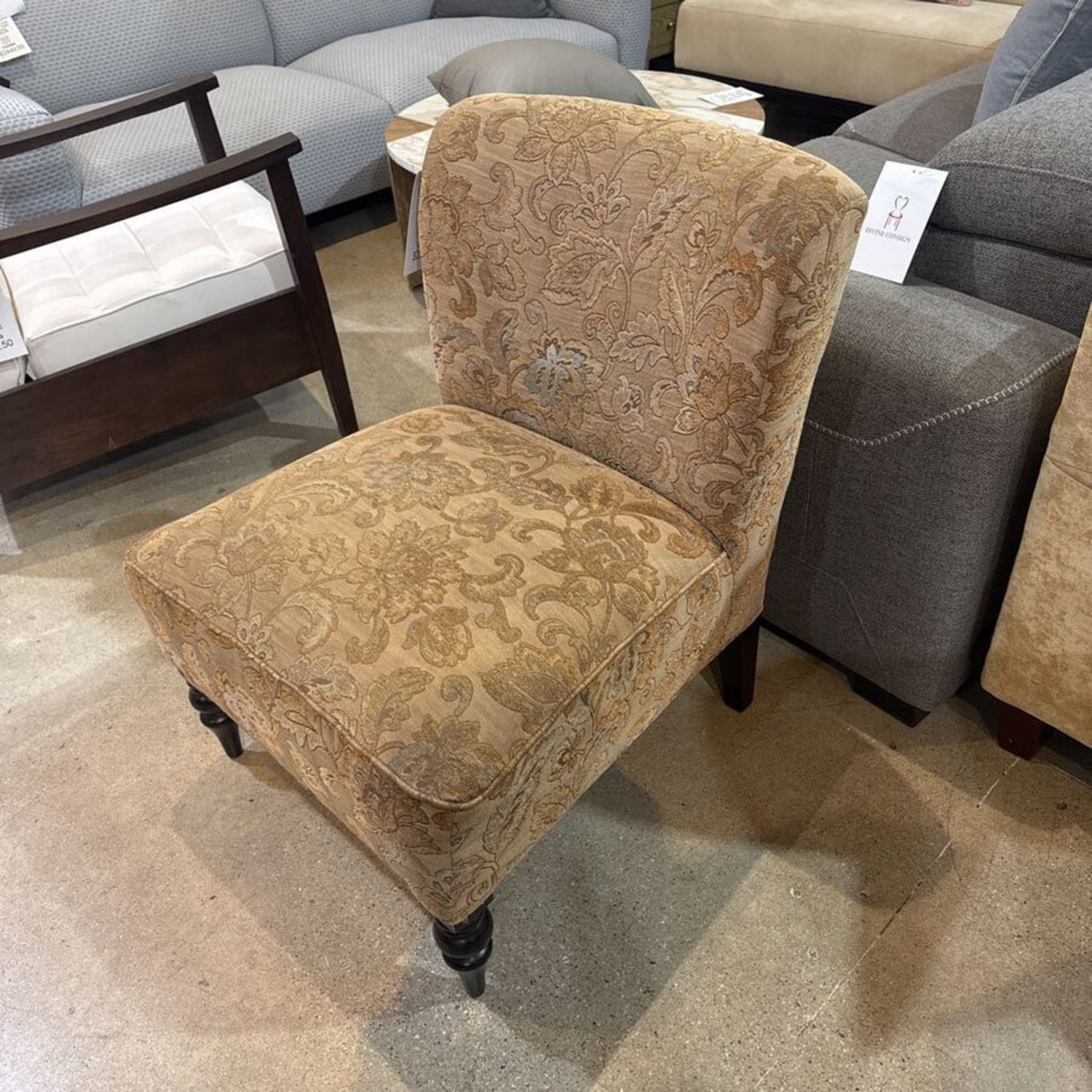 Floral Patterned Chenille w Wood Legs Chair - image-1