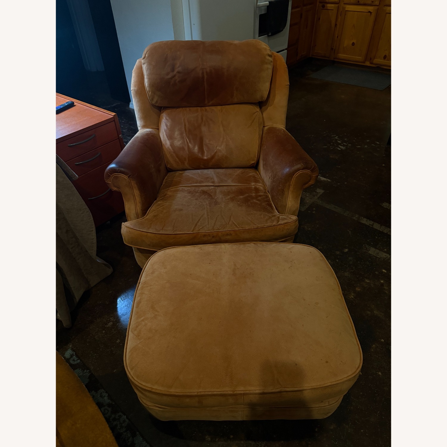 Light Brown Pig Skin Leather Armchair with Ottoman - image-2