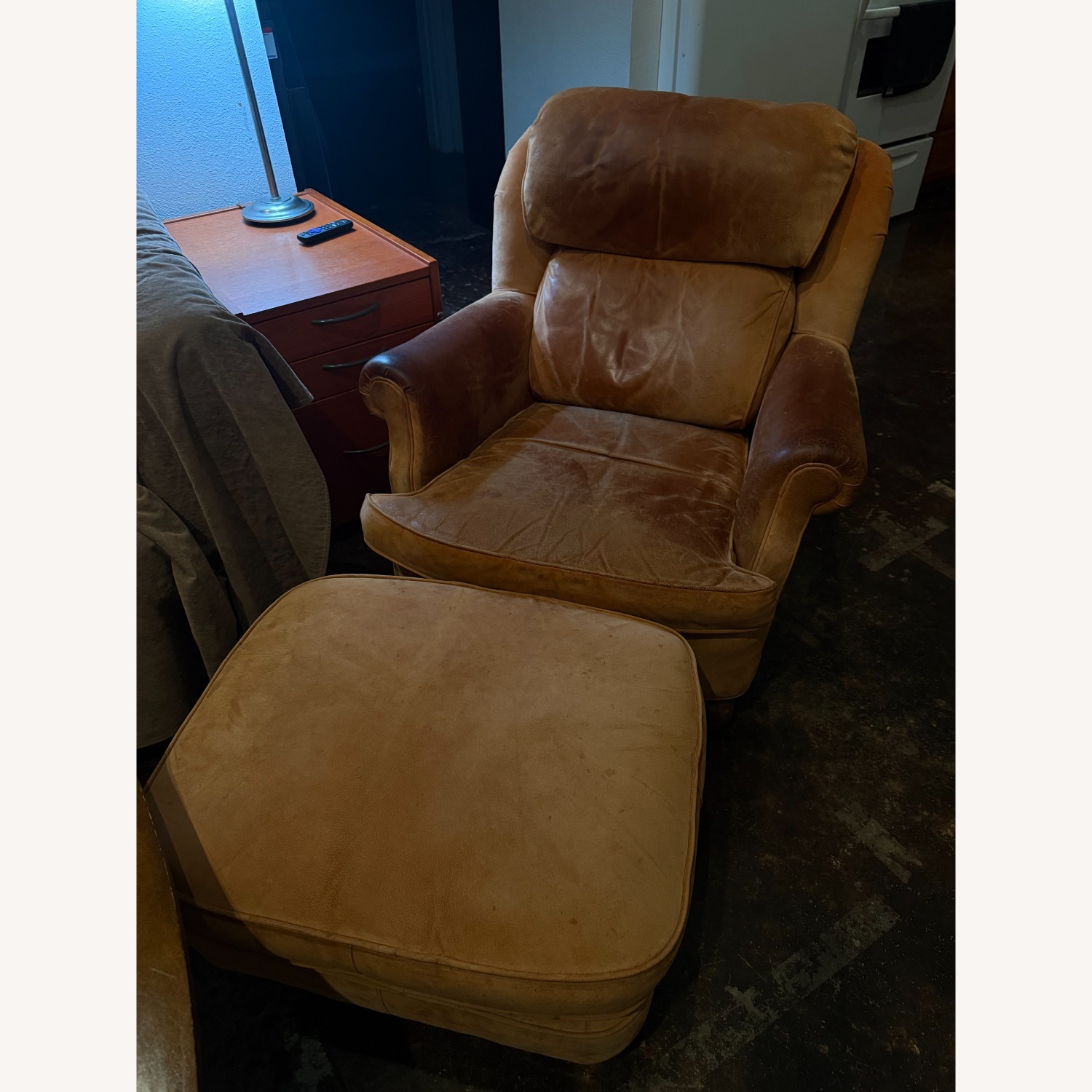 Light Brown Pig Skin Leather Armchair with Ottoman - image-1