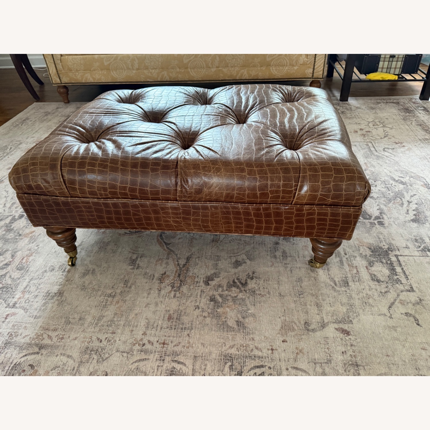 Ethan Allen Dark Brown Leather Ottoman - image-1