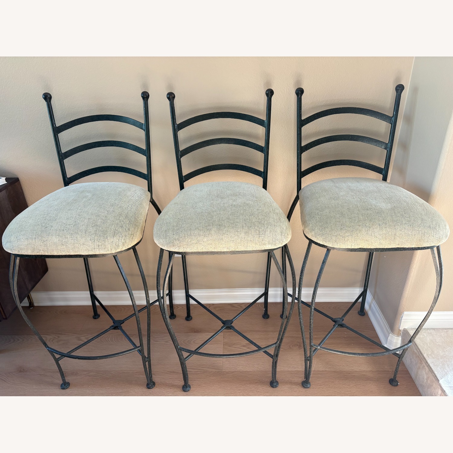 Vintage Wrought Iron Upholstered Bar Stools - image-1