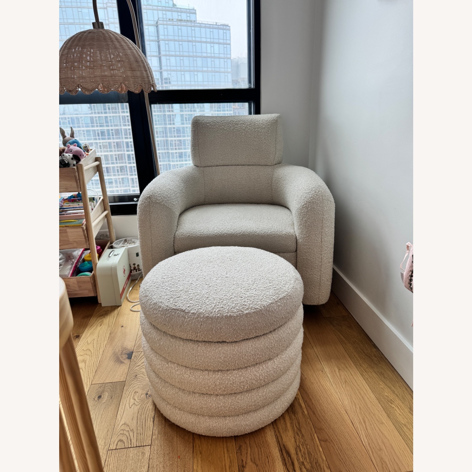 Crate & Barrel Cream Snoozer Boucle Nursery Glider and Ottoman - image-3