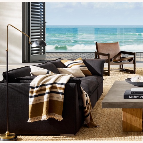 Used Restoration Hardware Solano Concrete & Teak Plank Rectangular Coffee Table for sale on AptDeco