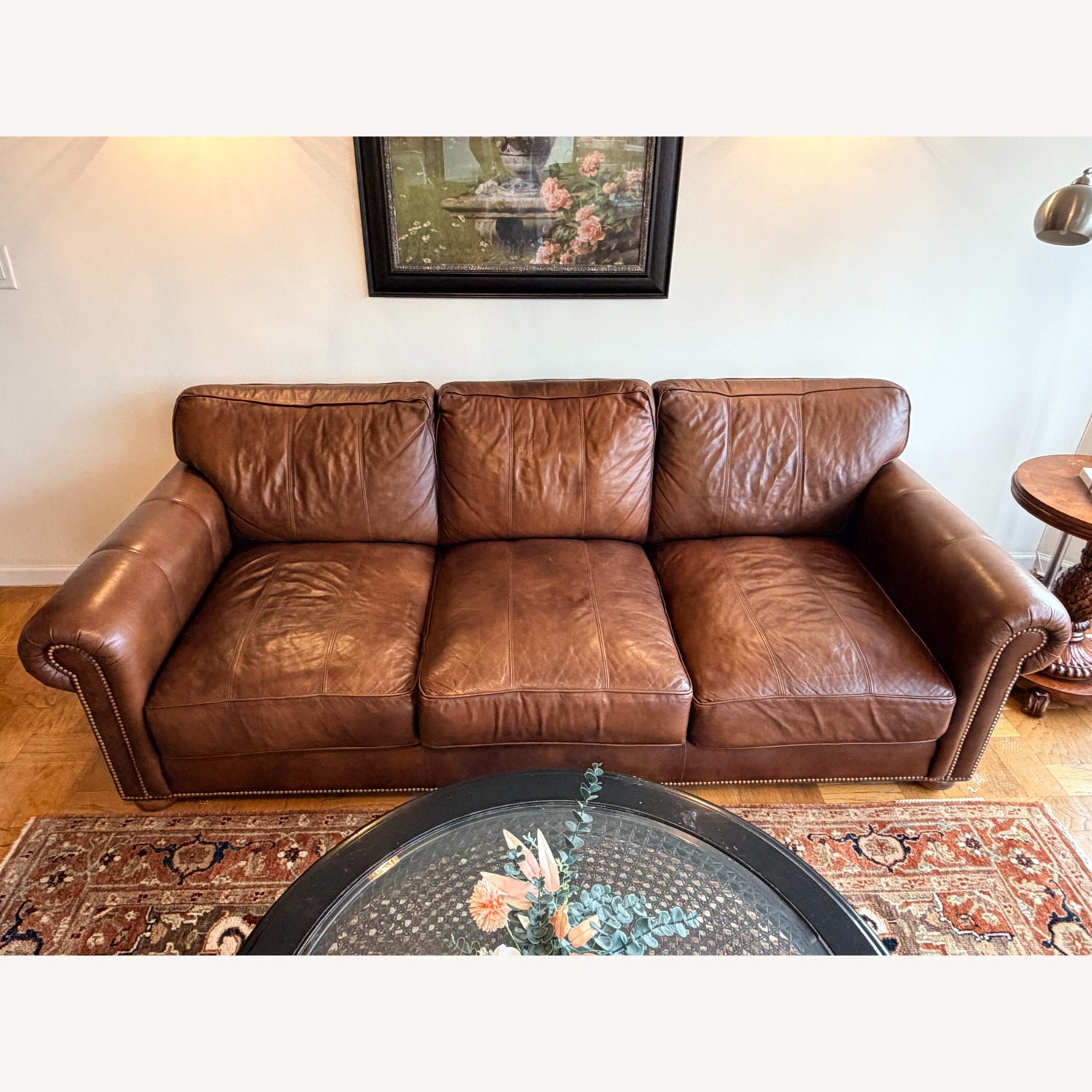 Ethan Allen Dark Brown Leather 3+ Seater Sofa - image-3