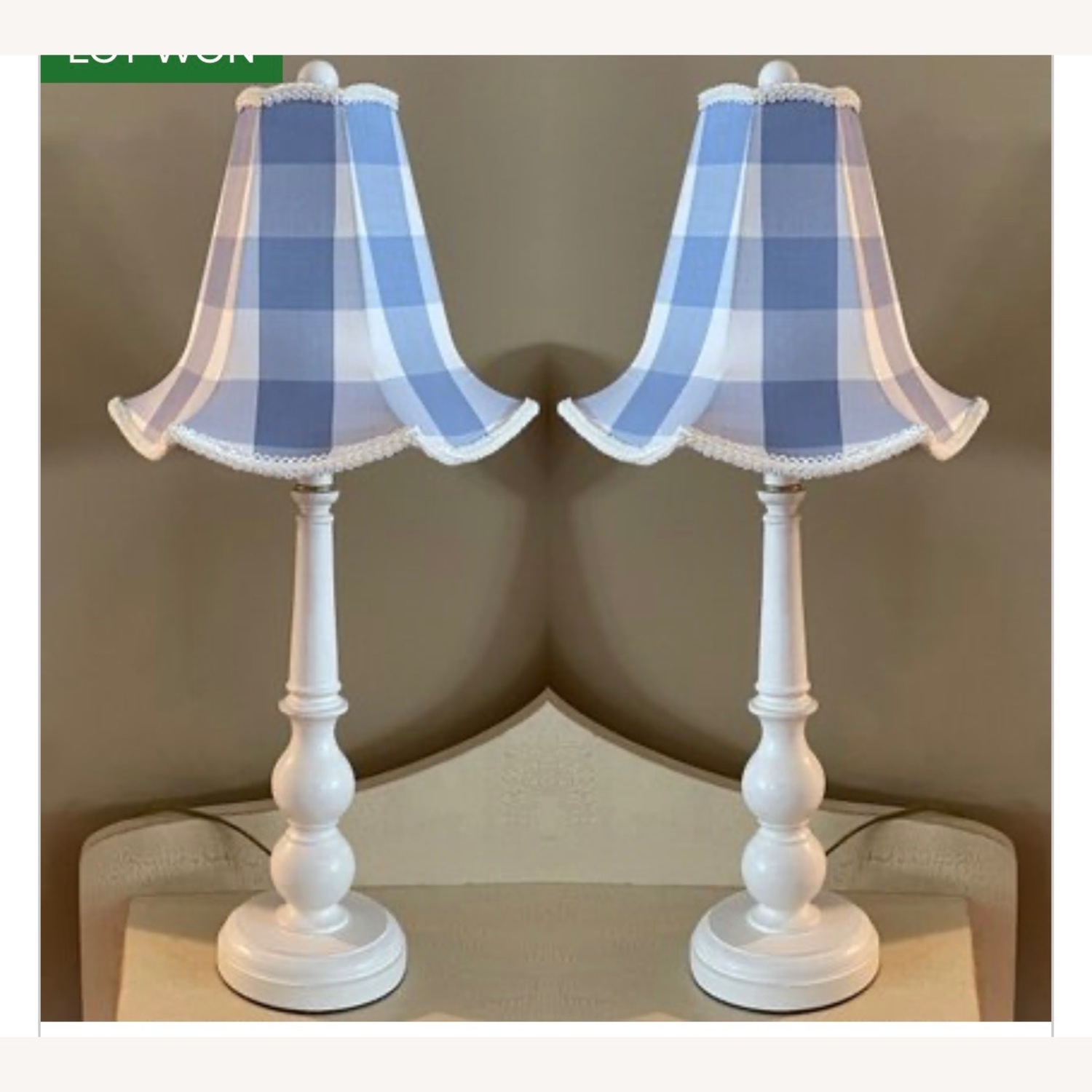 Antique Blue & White Gingham Table Lamp - image-1