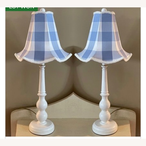 Used Antique Blue & White Gingham Table Lamp for sale on AptDeco