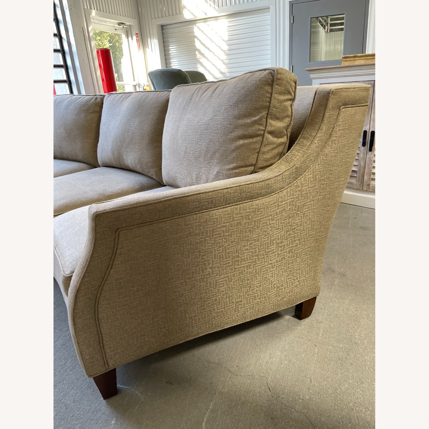 Three Seat Curved Shape Sofa Greek Key Fabric - image-3