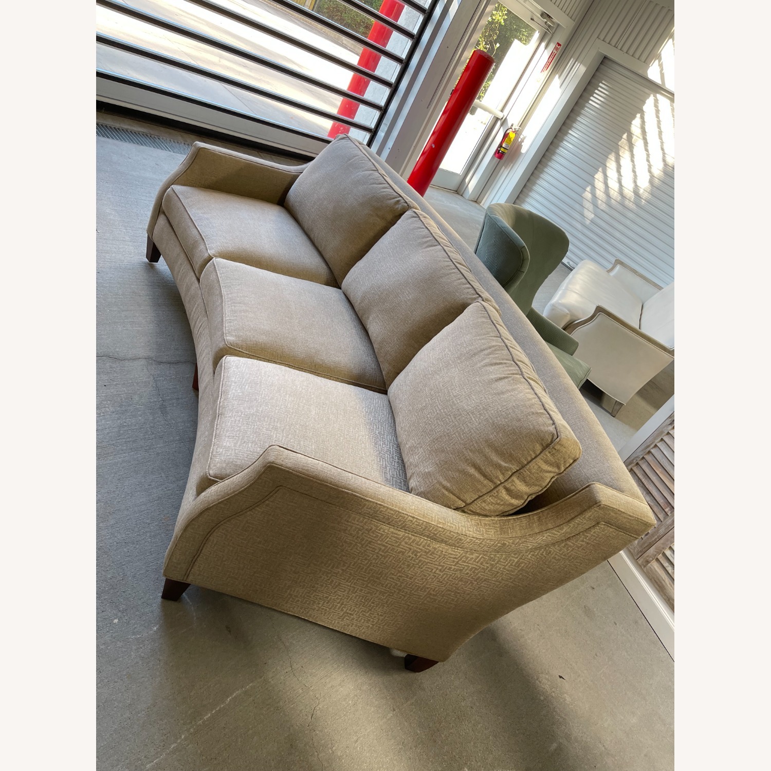 Three Seat Curved Shape Sofa Greek Key Fabric - image-2