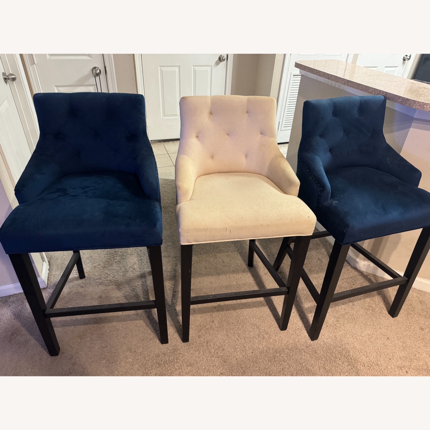 Blue and White Fabric Barstools - Set of 3 - image-2