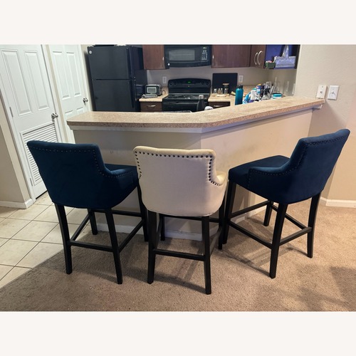 Used Blue and White Fabric Barstools - Set of 3 for sale on AptDeco