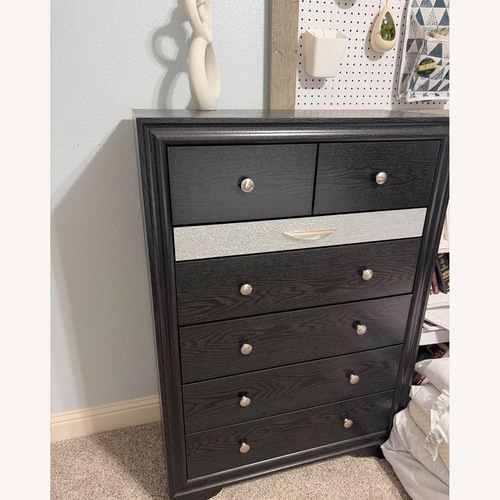 Used Miranda Modern 5-Drawer Chest Silver Panel, Solid Wood for sale on AptDeco