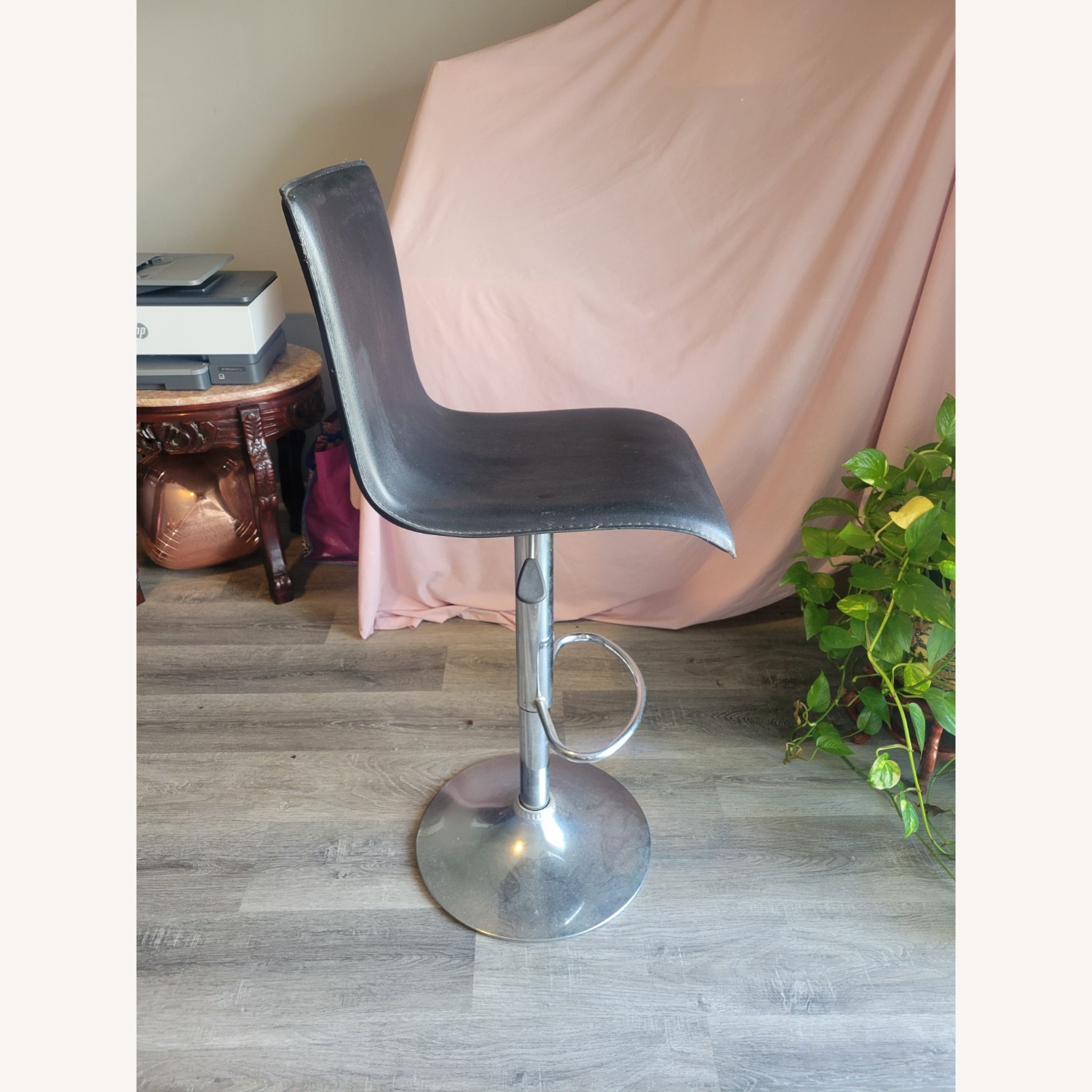 Black Adjustable Faux Leather Barstool with Chrome Base and Backrest - image-3