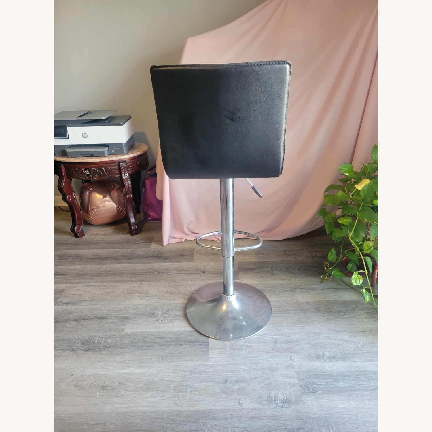 Black Adjustable Faux Leather Barstool with Chrome Base and Backrest - image-4